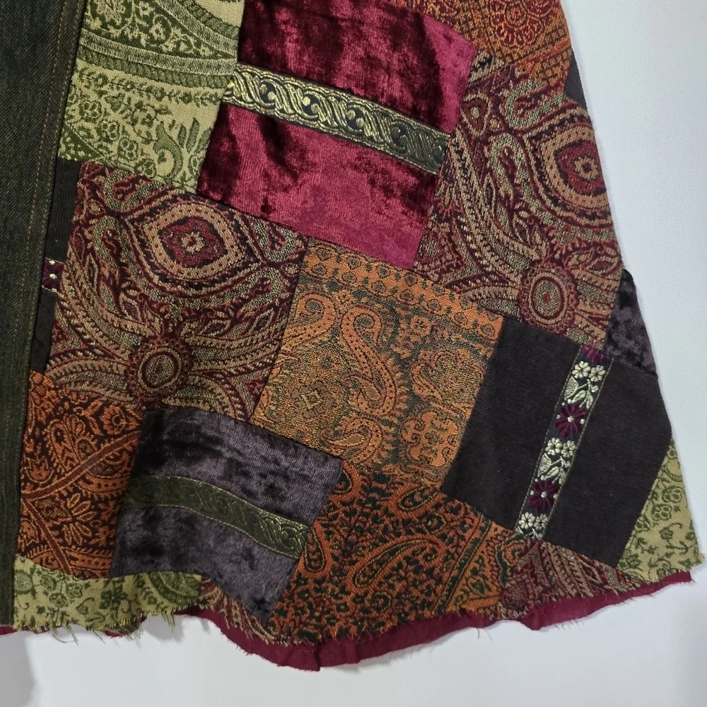 VTG René Derhy Patchwork Denim Maxi Skirt Boho Y2K Artsy USA 14 - Picture 4 of 12